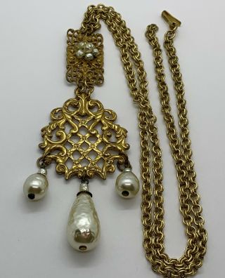 Vintage Signed Miriam Haskell Gold Gilt Necklace Tear Drop Baroque Pearls