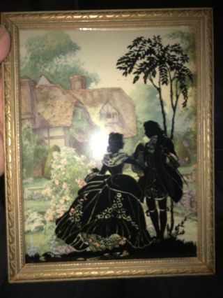 Reverse Painted Silhouette Convex Glass Picture Victorian Couple Cottage 6”x8”
