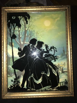 Reverse Painted Silhouette Convex Glass Picture Victorian Couple Winter 6”x8”