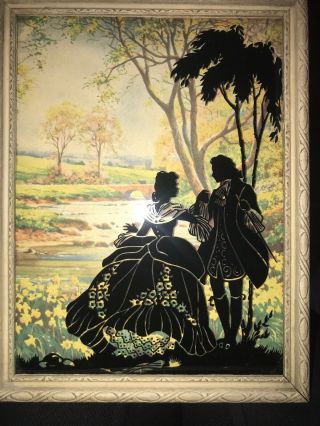 Reverse Painted Silhouette Convex Glass Picture Victorian Couple Spring 6”x8”