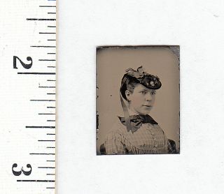 Civil War Era Miniature Gem Tintype Photo.  Pretty Woman W/hat.  811y