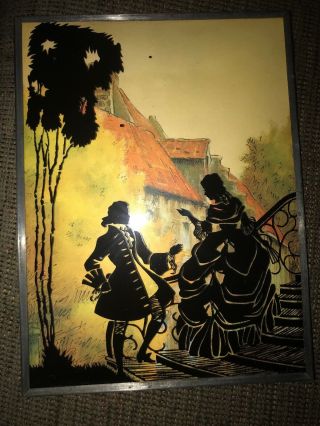 Reverse Painted Silhouette Convex Glass Picture Victorian Couple Autumn 6”x8”