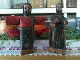 2 Vintage Folk Art Mexican Santos Religious Hand Carved Painted Jesus Wood Saint