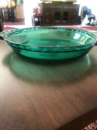 Anchor Hocking Green Glass 9 " Deep Dish Pie Plate Fluted Teal W/handles Ovenware