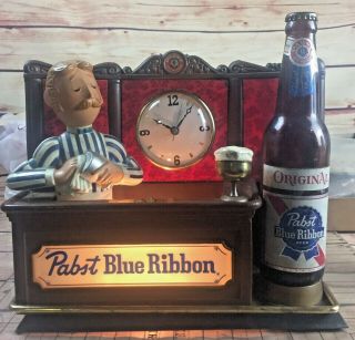 Vintage Pabst Blue Ribbon Advertising Beer Sign / Display With Light & Clock Pbr