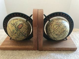 Vintage Globe Book Ends - Rotating - Wooden - Old World - Spinning - Bookends