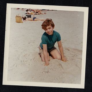 Vintage Photograph Adorable Little Boy Kneeling In Sand On The Beach