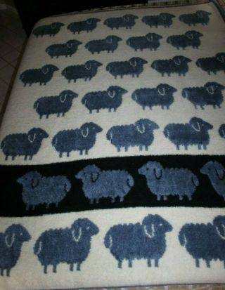 Vintage Biederlack? Plush Blue Ivory Black Sheep Blanket Throw 60 X 80