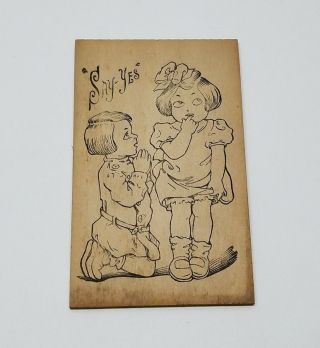 Antique Flemish Art Wood Pyrography Plate Folk Art Post Card Proposing Boy Girl