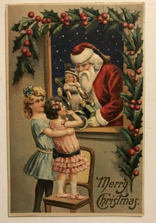 Christmas Santa Claus At Window With Children & Doll Antique Postcard - M365