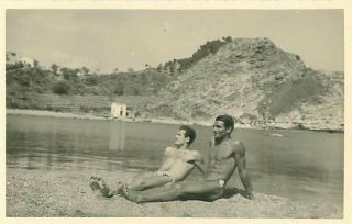 Postcard Real Photo 2 Men Shirtless On Beach Speedos 1950s Muscle Buff