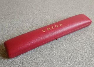 Vintage Omega Watch Box Long Red Case Gold Writing Bracelet Style 22cm Long