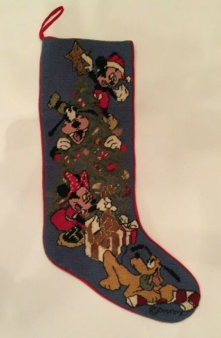 Vintage Disney Christmas Stocking Mickey Mouse Friends Embroidered Blue 18 " Lx6 " W