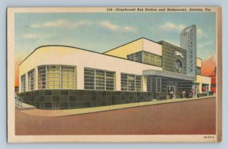 Vtg Postcard Ga Atlanta Greyhound Bus Station Restaurant Linen 1920s Art Deco