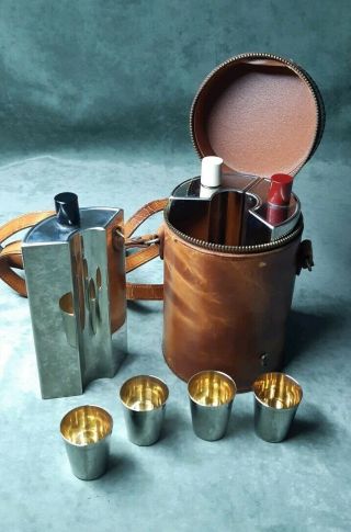 Set Of Three Hip Flask With Glasses In A Leather Case