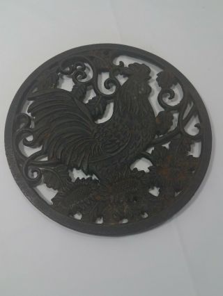 Vintage Black Cast Iron Rooster Trivet 10 " Scrollwork Footed Wall Decor Hotplate