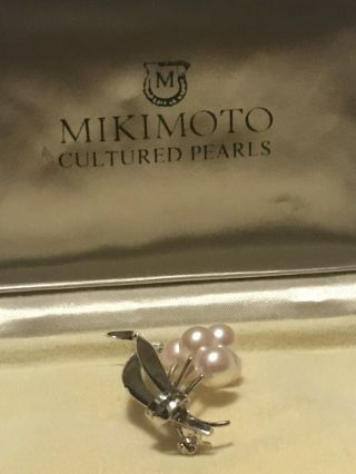 Vintage Mikimoto Sterling Silver Pearl Leaf Brooch