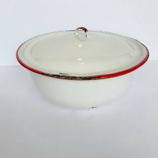 Vintage Red And White Enamelware Bowl With Lid Serving Dish Farmhouse Country