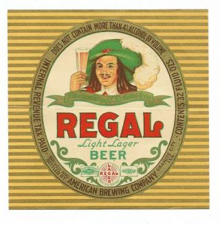 American Brewing Regal Light Qt Beer Label Irtp Granite City Il