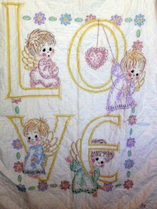 Vintage Baby Childs Quilt Cross - Stitch " Love " Crocheted Edge Ruffled -