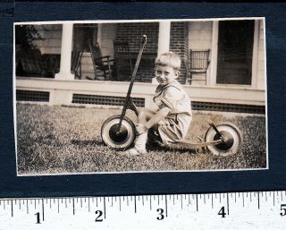 Little Boy With Fancy Scooter.  1930s Snapshot Photo.  537r
