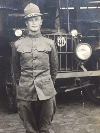 Antique Real Photo Postcard Rppc Handsome Ww1 Soldier Military Vehicle Us