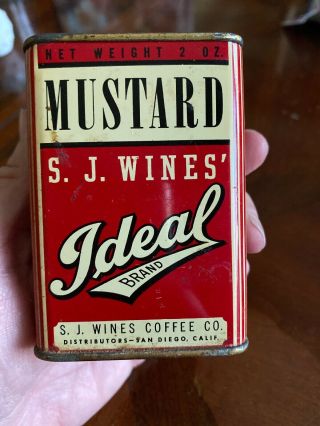 Old Spice Tin,  S.  J.  Wines Coffee,  Ideal Brand,  Mustard,  2 Ounces,  San Diego,  Ca