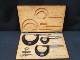 Vintage Starrett Machinists Tools No.  436 1 ",  No.  436 2 " & No 436 3 " In Wood Box