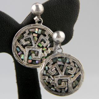 Vintage Mexican Mayan Calendar Earrings Sterling Silver 1950s Disk Mid Century