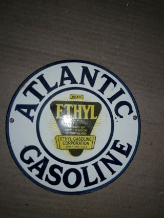 Porcelain Atlantic Gasoline Enamel Sign Size 6 " Inches Round