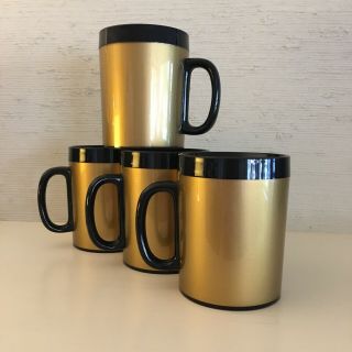 4 Vintage Black And Gold West Bend Thermo - Serv Insulated Mugs — Euc
