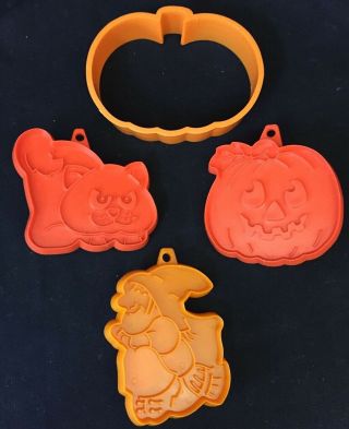 3 Vintage Hallmark 1 Other Orange Plastic Cookie Cutters Pumpkin Cat Halloween