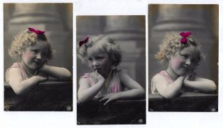 3 X Pretty Edwardian Child Girl.  Set Of 3 Old Postcard Real Photo 1900s Germany