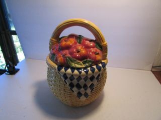 Cooks Club Inc Ceramic Fall Red Apple Basket Cookie Jar With Checkered Cloth 12 "