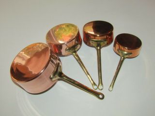 Set Of 4 Tin Lined Copper Measuring Cups 1/4,  1/3,  1/2 & 1 Cup W/brass Handles