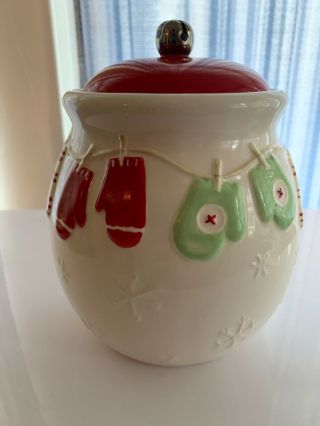 Hallmark Christmas Cookie Jar Mittens On Clothesline Jingle Bell Top Ceramic