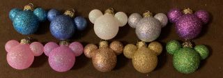Disney Mickey Mouse Mini Glitter Ears Christmas Holiday Ornament Set Of 10 Glass