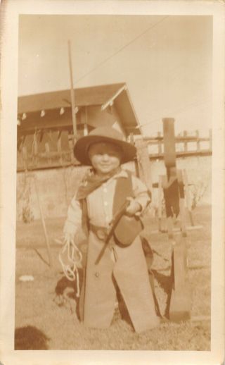 Vintage 1930s Snapshot Photograph Little Boy Toddler Cowboy Outfit Chaps Gun Hat