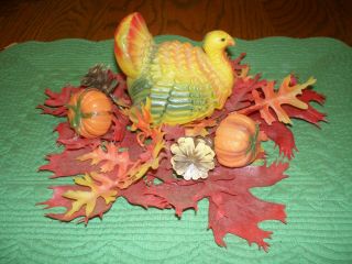 Vintage Mid Century Plastic Thanksgiving Centerpiece Turkey Pumkins Corn Leaves