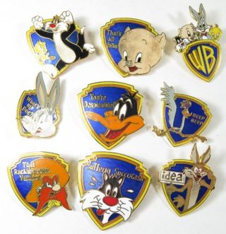 Set Of (9) Wb Warner Brothers Cartoon Shield Pins Bugs Bunny,  Sylvester,  Daffy,