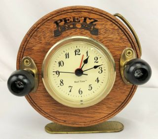 Vintage Peetz Fly Reel Sound Fisherman Wooden / Brass Alarm Clock
