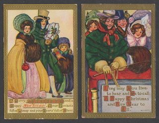 2 Marion Miller Christmas Antique Postcards Victorian Family Gift Shopping