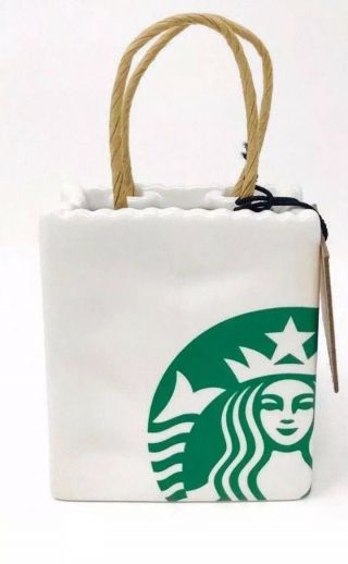 Starbucks Ceramic Bag Christmas Ornament Gift Card Holder White Green 2018