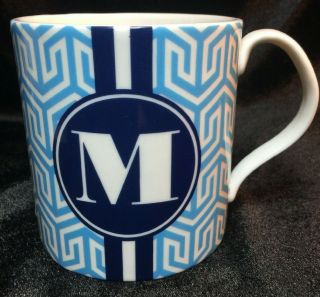 Jonathan Adler Coffee Mug Ceramic “m” Monogrammed Blue & White Geometric Pattern