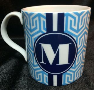 JONATHAN ADLER Coffee Mug Ceramic “M” Monogrammed Blue & White Geometric Pattern 2