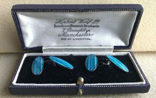 Vintage Ch Solid Silver And Blue Enamel Cufflinks