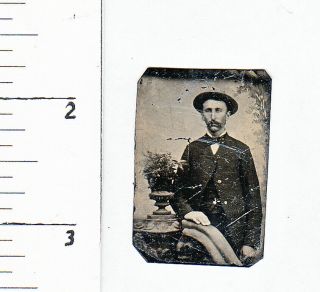 1860s Miniature Gem Tintype Photo.  Handsome Young Man W/hat.  947p2