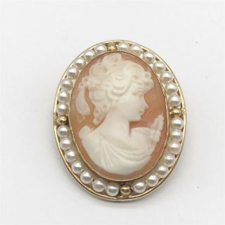 Vintage 9ct Gold On Solid Sterling Silver Seed Pearl Set Cameo Ladies Pin Brooch