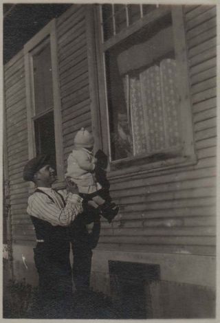 Vintage Photo Snapshot Man Holding Baby Up To Woman In Window 1910s - 20s