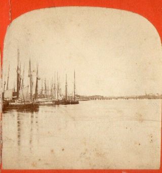 Portsmouth,  N.  H.  Sailboats And Bridge.  Davis Brothers Stereoview Photo